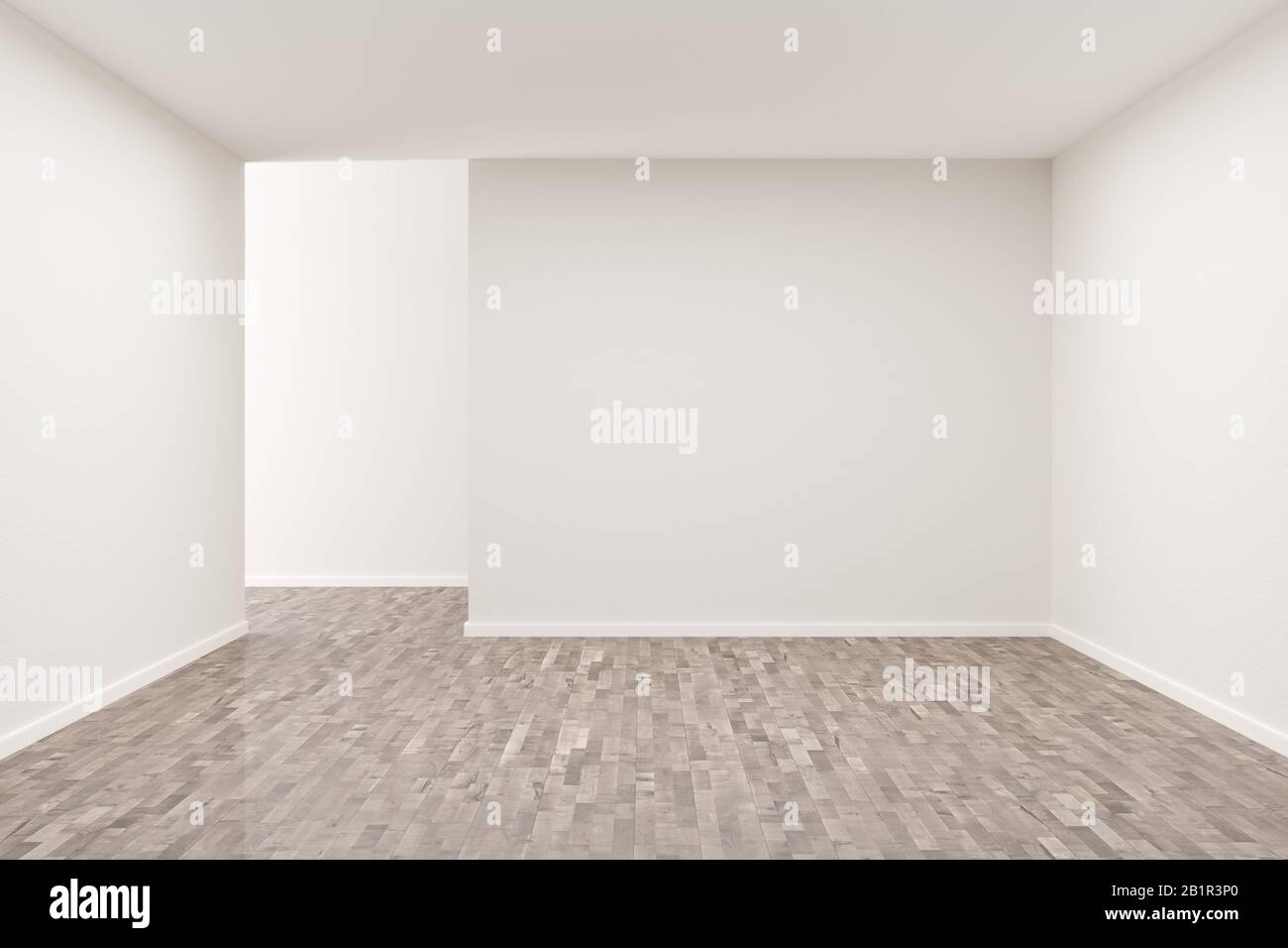 Empty white room with blank walls and brown hardwood floor - presentation or gallery architecture background element, 3D illustration Stock Photo