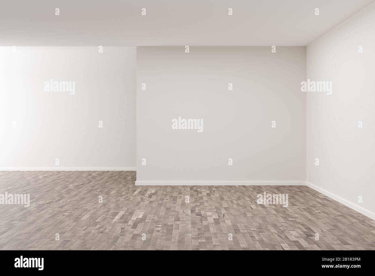 Empty white room with blank walls and brown hardwood floor - presentation or gallery architecture background element, 3D illustration Stock Photo