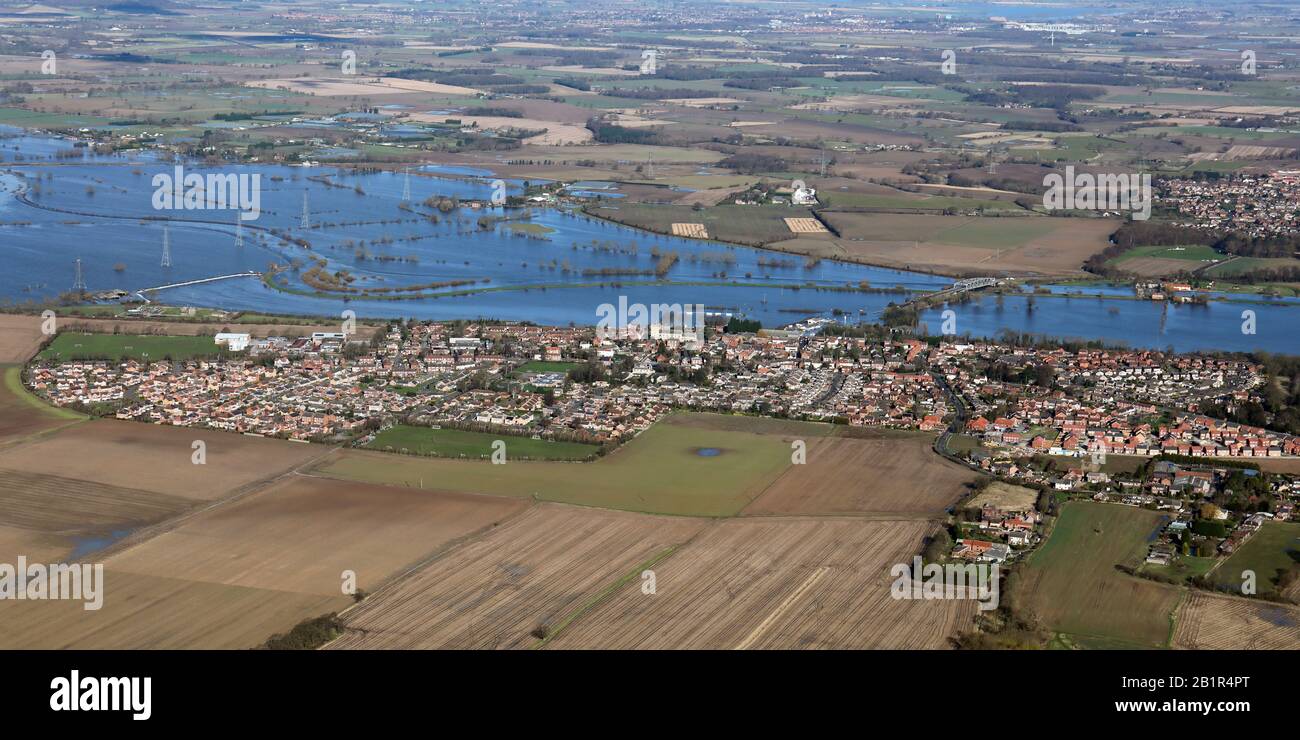 aerial view of the River Aire in flood at Snaith, East Yorkshire (taken 26th Feburary 2020) Stock Photo