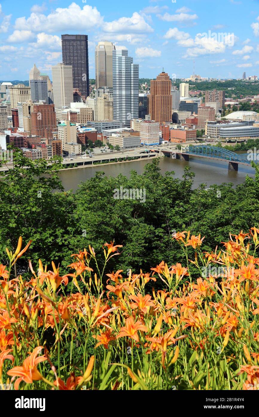 Pittsburgh city, Pennsylvania.. Skyline with Monongahela River. Stock Photo