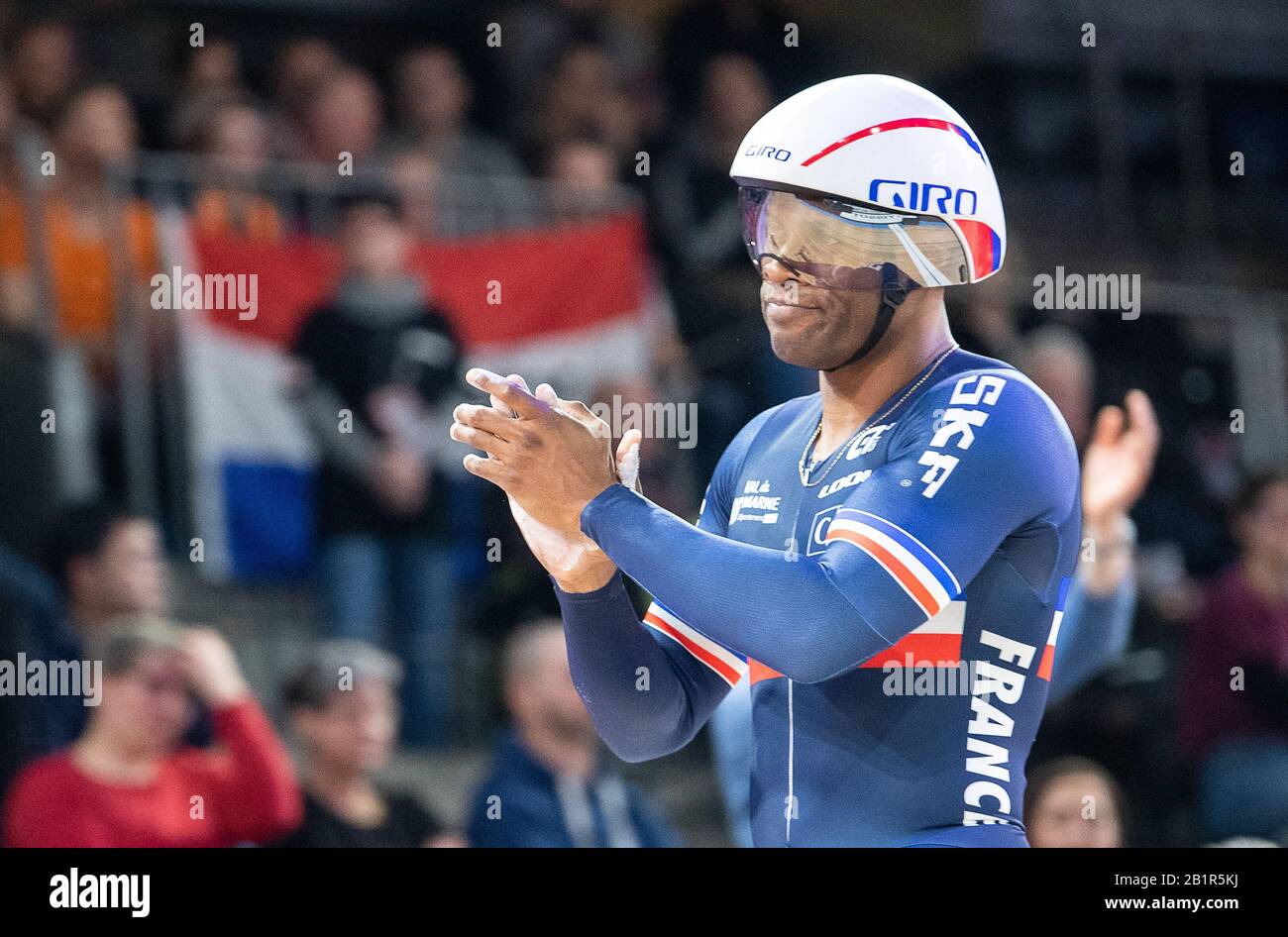 Berlin, Germany. 26th Feb, 2020. Cycling/track: World Championship, team sprint men, final: Gregory Bauge from France applauds after his team finished 4th. Credit: Sebastian Gollnow/dpa/Alamy Live News Stock Photo