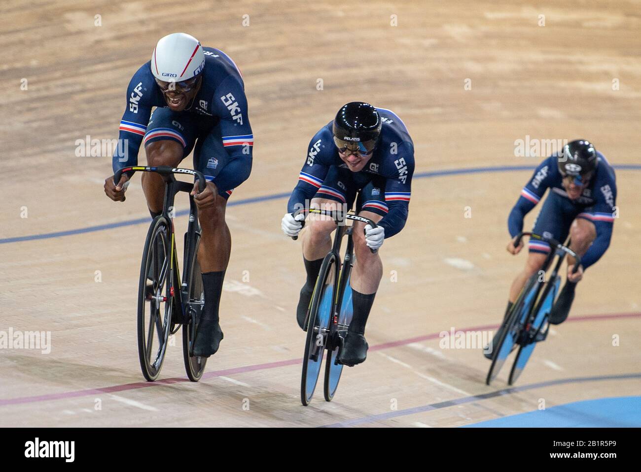 Berlin, Germany. 26th Feb, 2020. Cycling/track: World Championship, team sprint men, final: The team from France, Gregory Bauge (l-r), Sebastien Vigier and Quentin Lafargue, rides on the track. Credit: Sebastian Gollnow/dpa/Alamy Live News Stock Photo