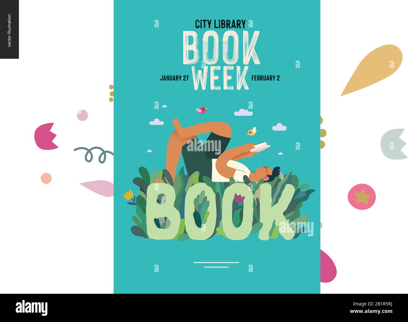 World Book Day graphics, poster grass book week events. Modern flat
