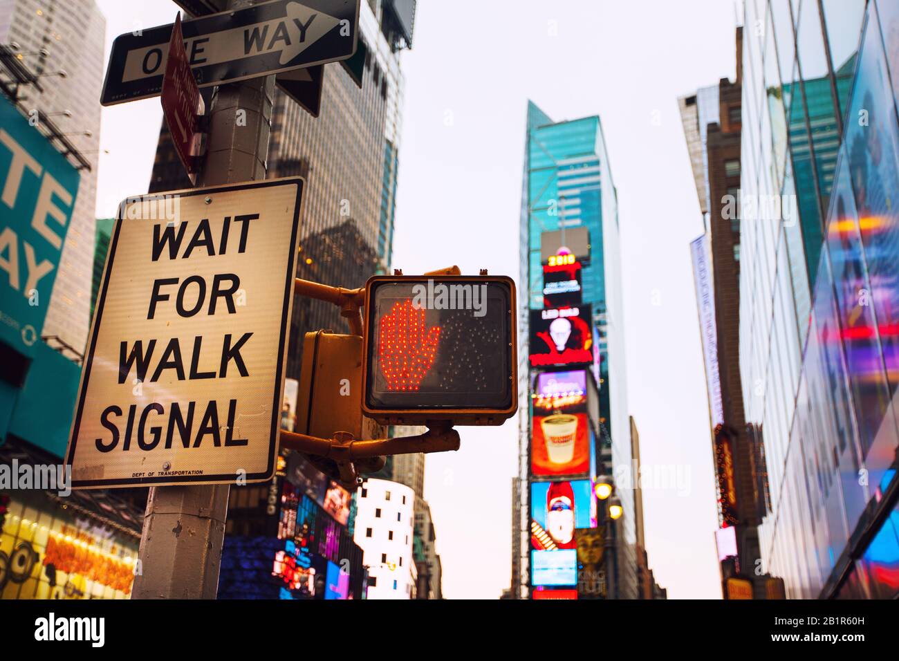 Walking in new york at Times Square waiting for walk signal Stock Photo
