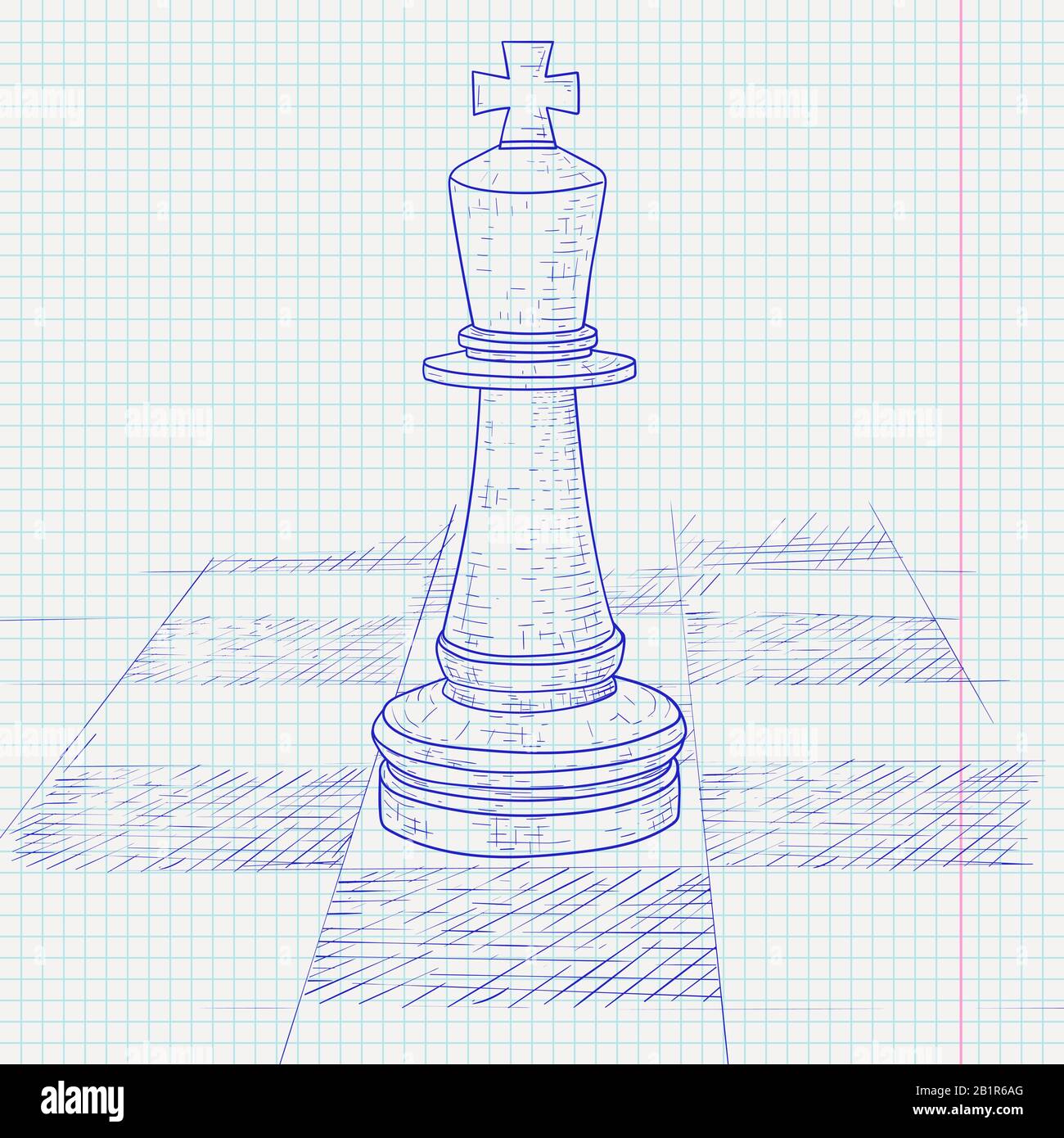 The king chess piece on a chess board. Hand drawn sketch on lined paper background Stock Vector