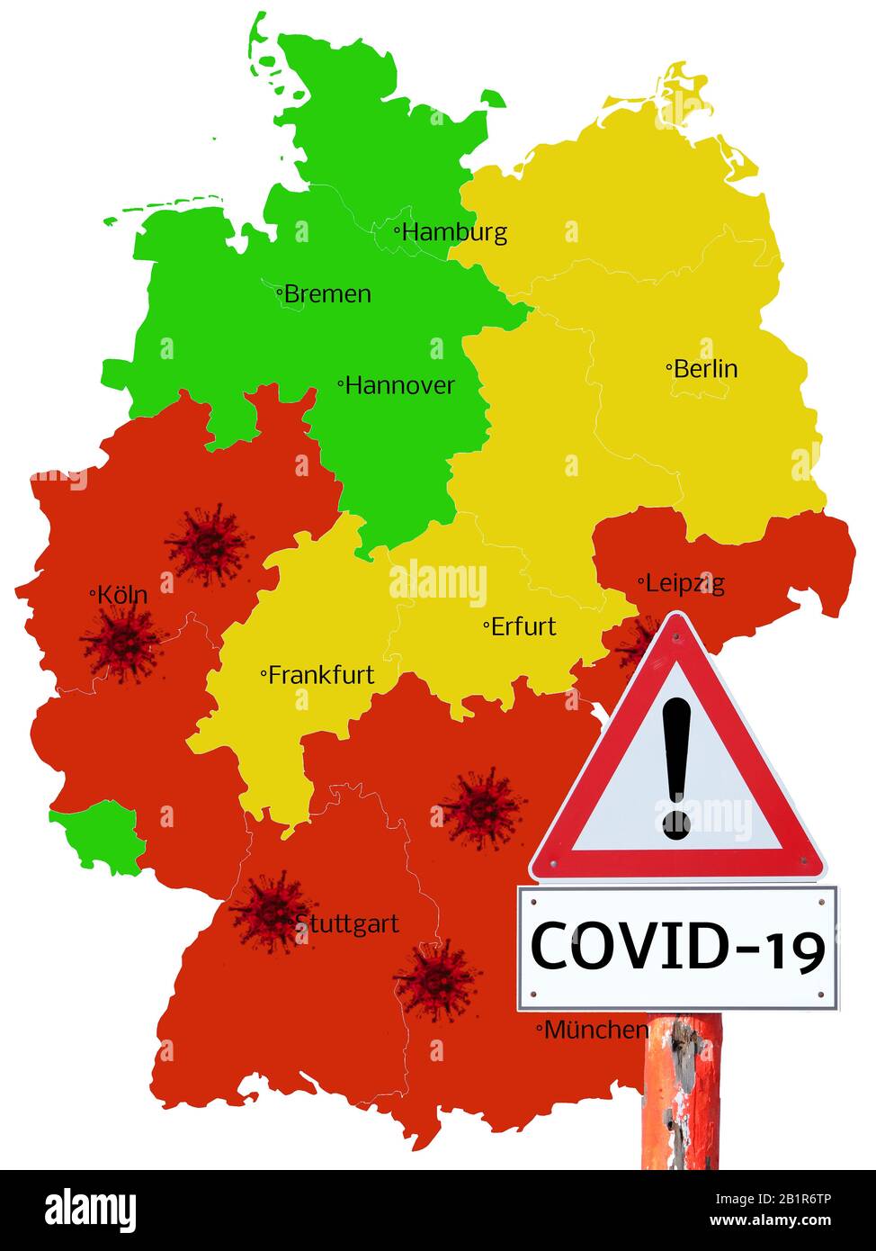 Warning sign Covid-19, Coronavirus map of Germany Stock Photo