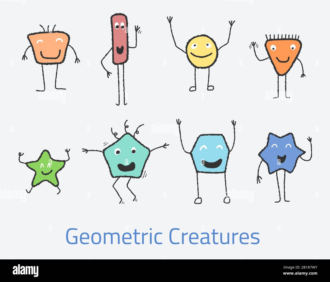 Geometry Creatures Cute cartoon geometric creatures set. Funny children's clothes design ...