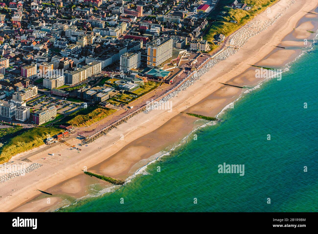 aerial view of Westerland and the North Sea beach, Germany, Schleswig-Holstein, Northern Frisia, Sylt Stock Photo