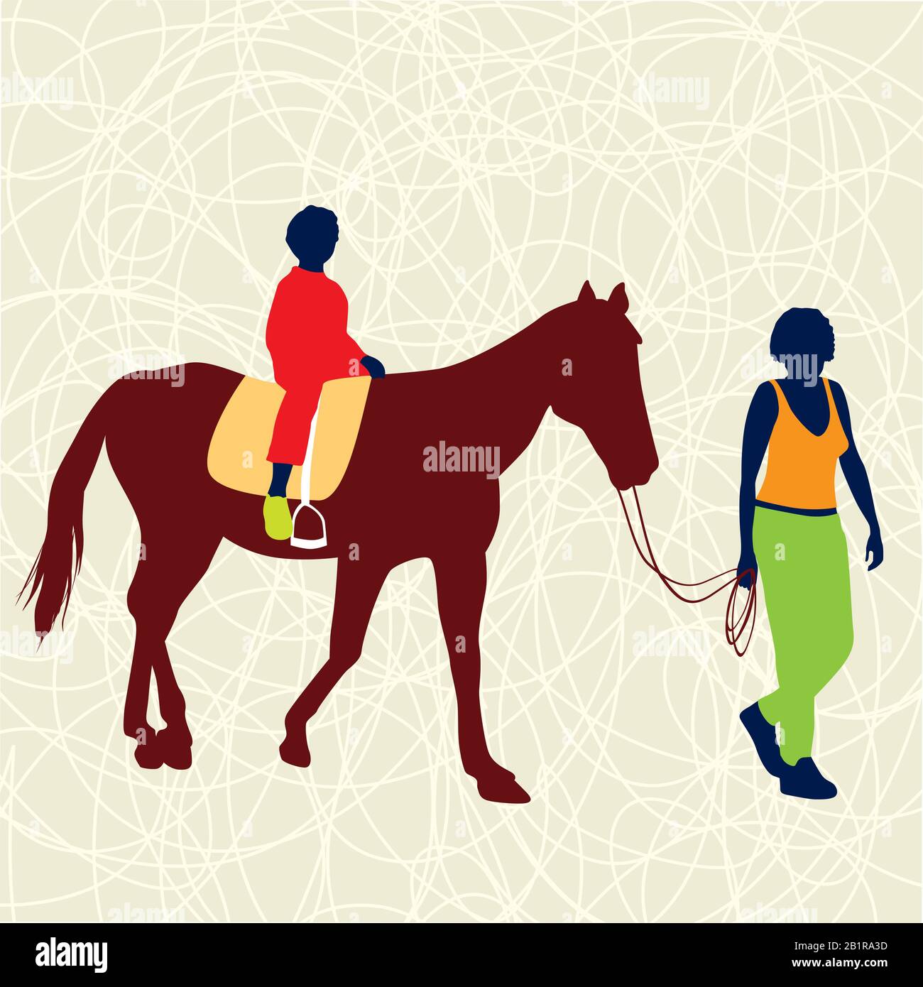 Two people walking and riding a horse. Vector illustration. Stock Vector
