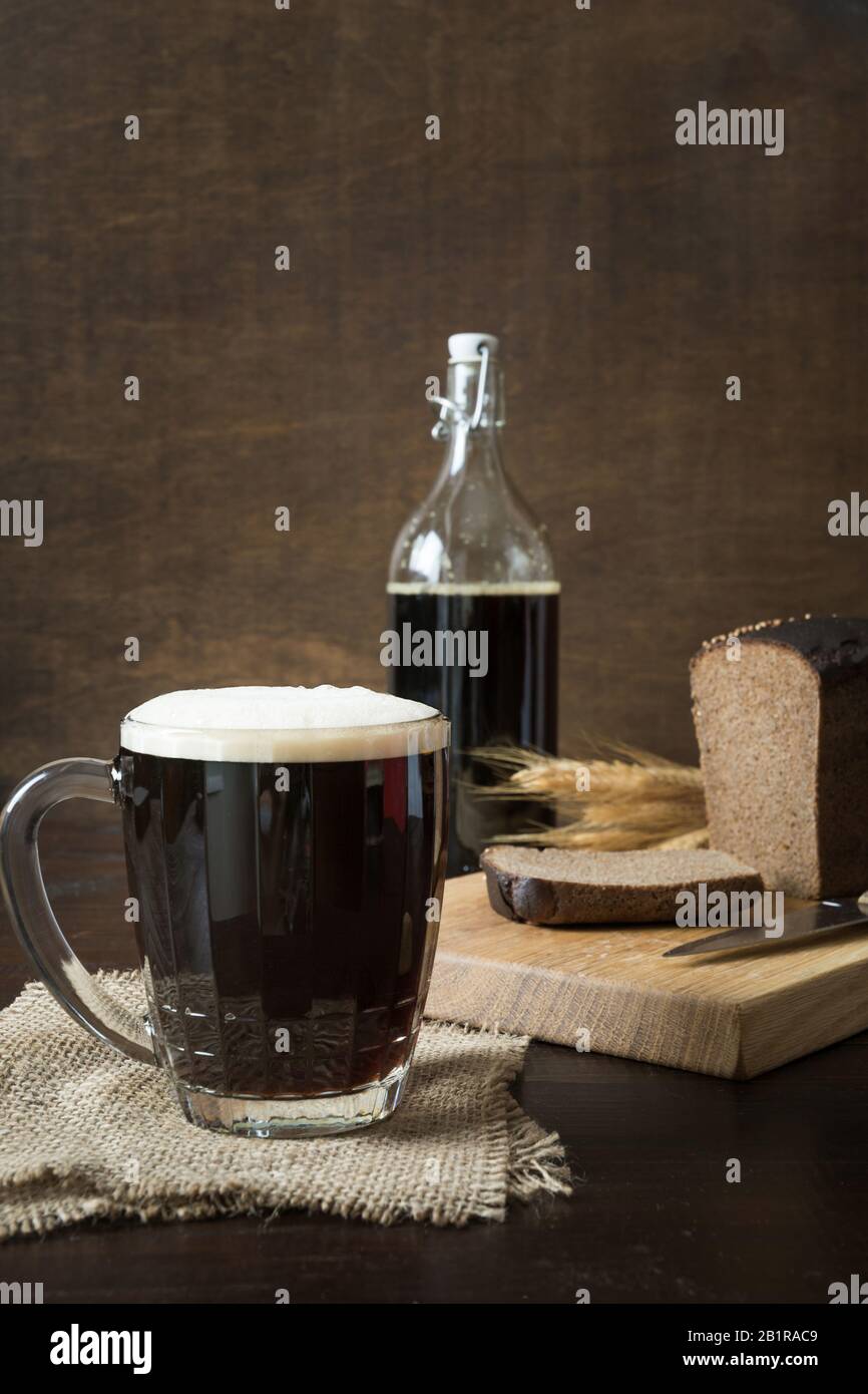 Russian traditional drink fermented kvass from rye bread in special