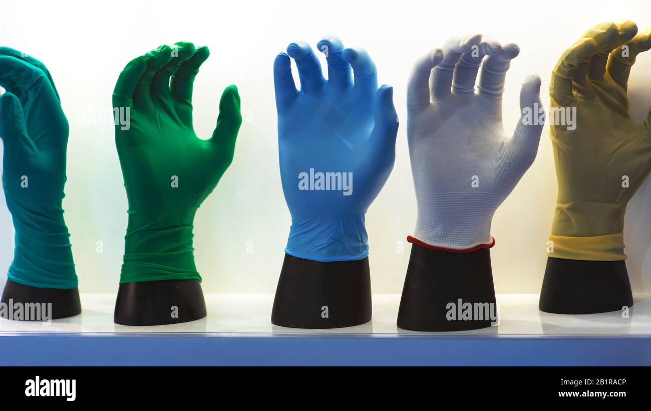 Colorful medical rubber gloves on artificial hands Stock Photo Alamy