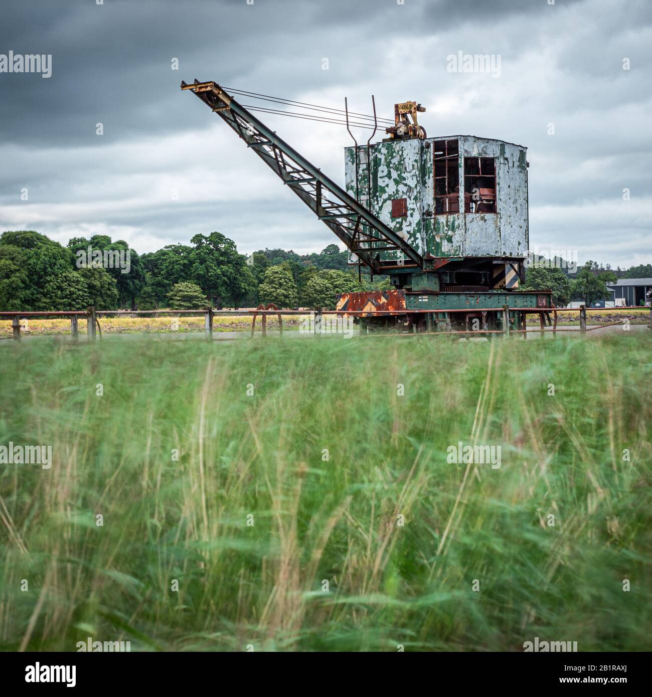 The rail mounted crane on the  old Admiralty pier at Bandeath Munitions Depot which was established in the First World War. Stock Photo