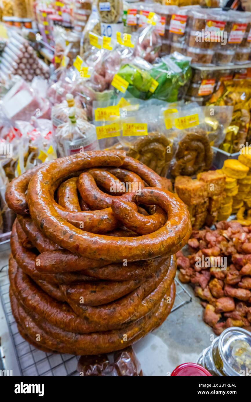 Sausages, Talat Warorot, market hall, Chiang Mai, Thailand Stock Photo
