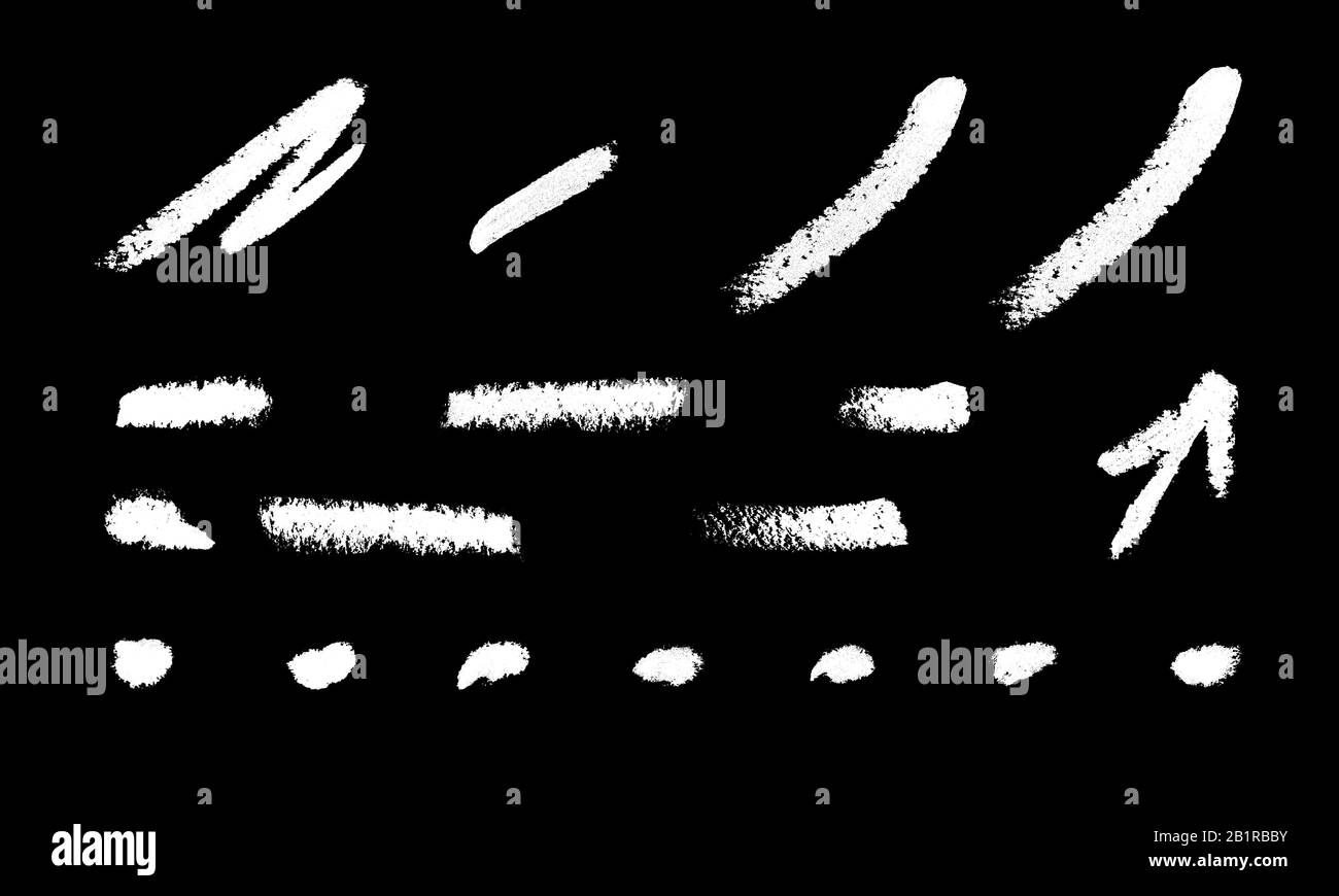 Chalk line set, hand painting textures. White brush strokes isolated on