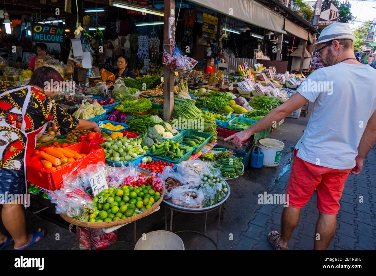 Fruit and vegetable stalls, Somphet Market, old town, Chiang Mai, Thailand Stock Photo