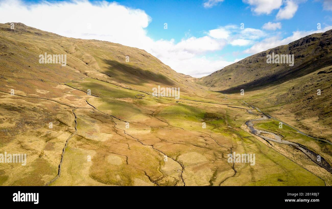 Wrynose Pass, English Lake District, Cumbria. Aerial drone image of the landscape of the Wrynose Pass in the Lake District, England. Stock Photo