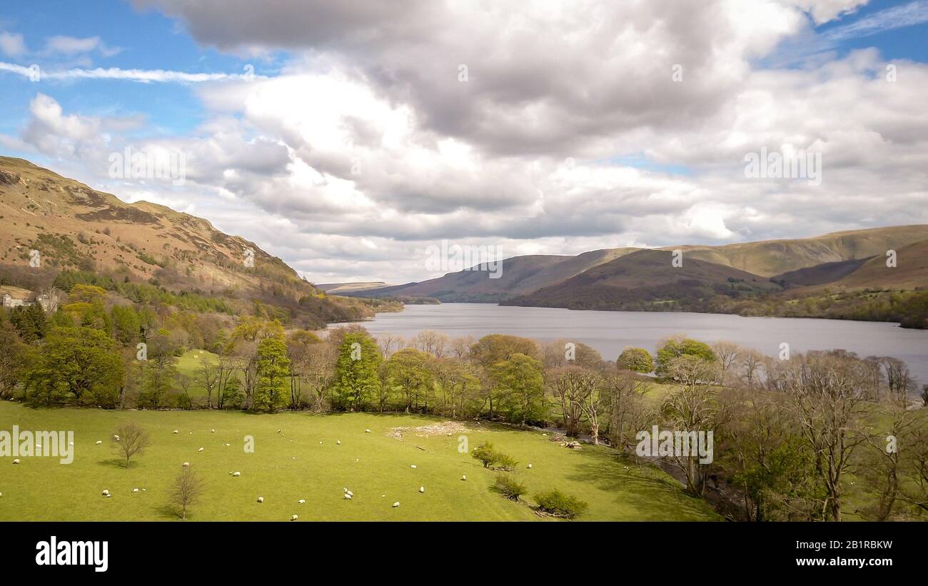 Ullswater, Lake District Cumbria. Aerial drone image of the landscape surrounding Ullswater in the English Lake District on a bright spring day. Stock Photo