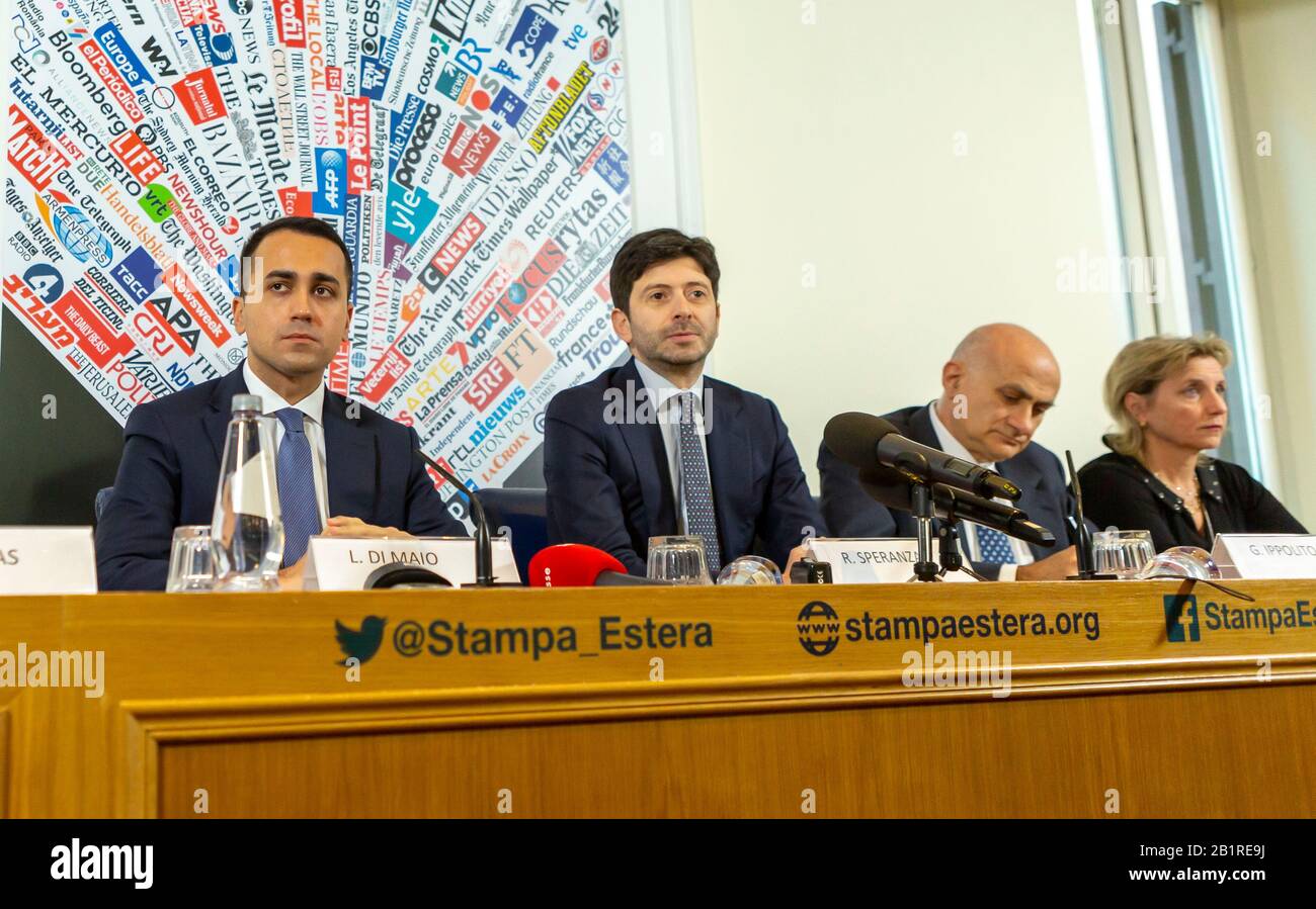 Rome, Italy. 27th Feb 2020. Italian Foreign Secretary Luigi Di Maio (left) and Health Secretary Robero Speranza (2nd left), together with the Scientific Director of the Spallanzani infectious diseases hospital Giuseppe Ippolito (3rd left) and Director General of the hospital Marta Branca (right), attend a question and answer session to the foreign press regarding Italy's response to the current Coronavirus Covid-19 outbreak in the country where there are now more than 400 confirmed cases Credit: Stephen Bisgrove/Alamy Live News Stock Photo