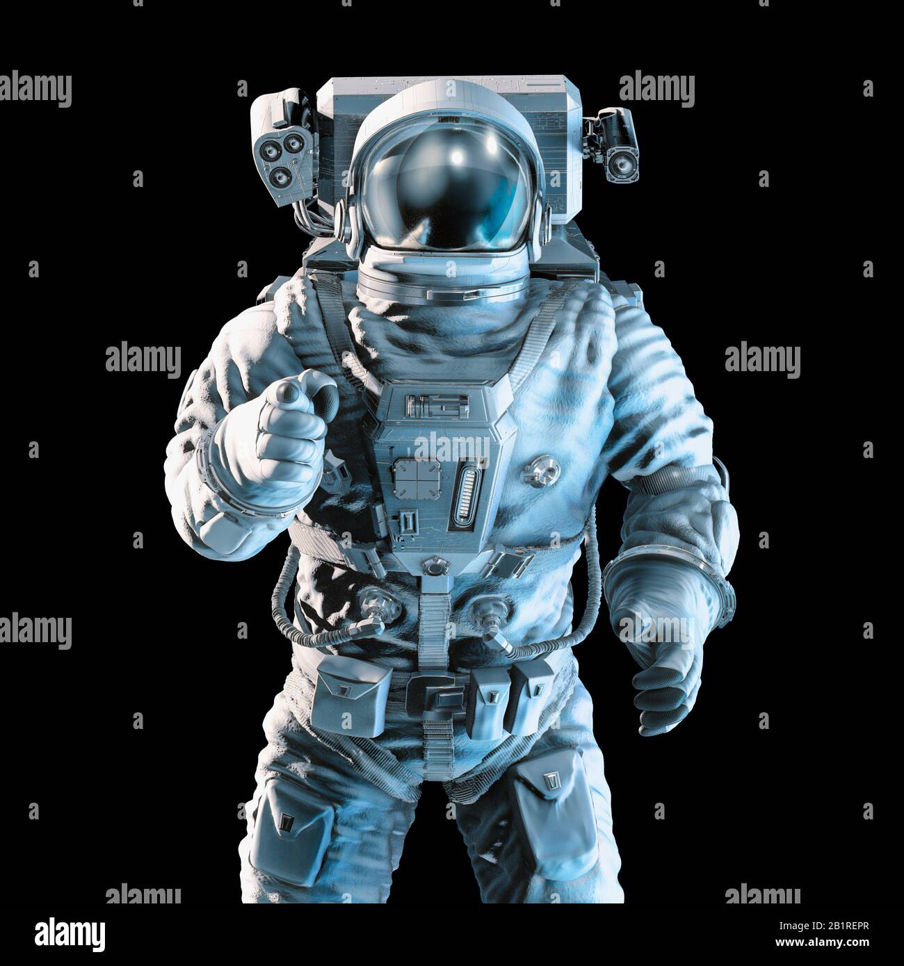 Pointing at you astronaut / 3D illustration of dramatically lit astronaut pointing index finger on black background Stock Photo