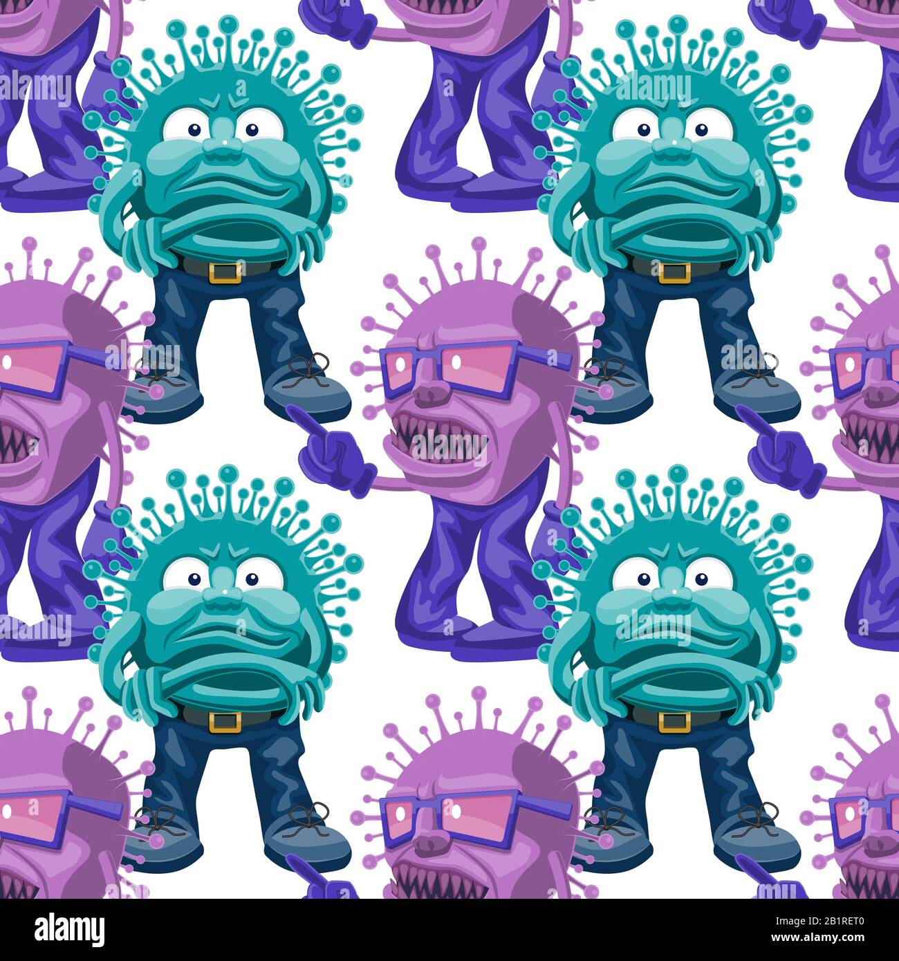 Seamless cartoon virus character pattern on white background. Vector image Stock Vector