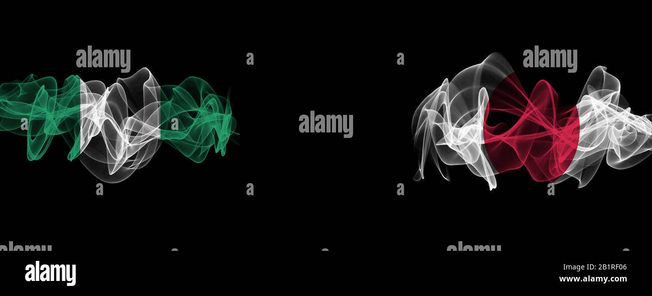 Flags of Nigeria and Japan on Black background, Nigeria vs Japan Smoke