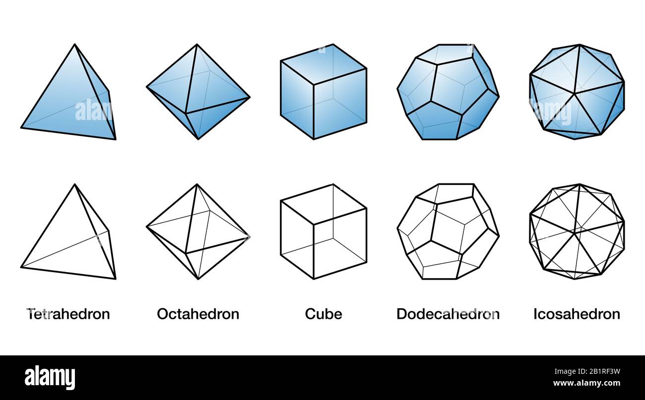 Blue Platonic solids and black wireframe models, all bodies with same size. Stock Photo