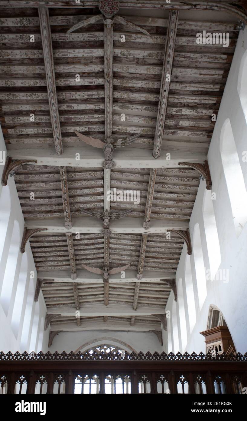 Holy Trinity church, ceiling decorated with a dozen figures of carved angels, wings outstretched, late medieval art, Suffolk, Blythburgh, UK Stock Photo