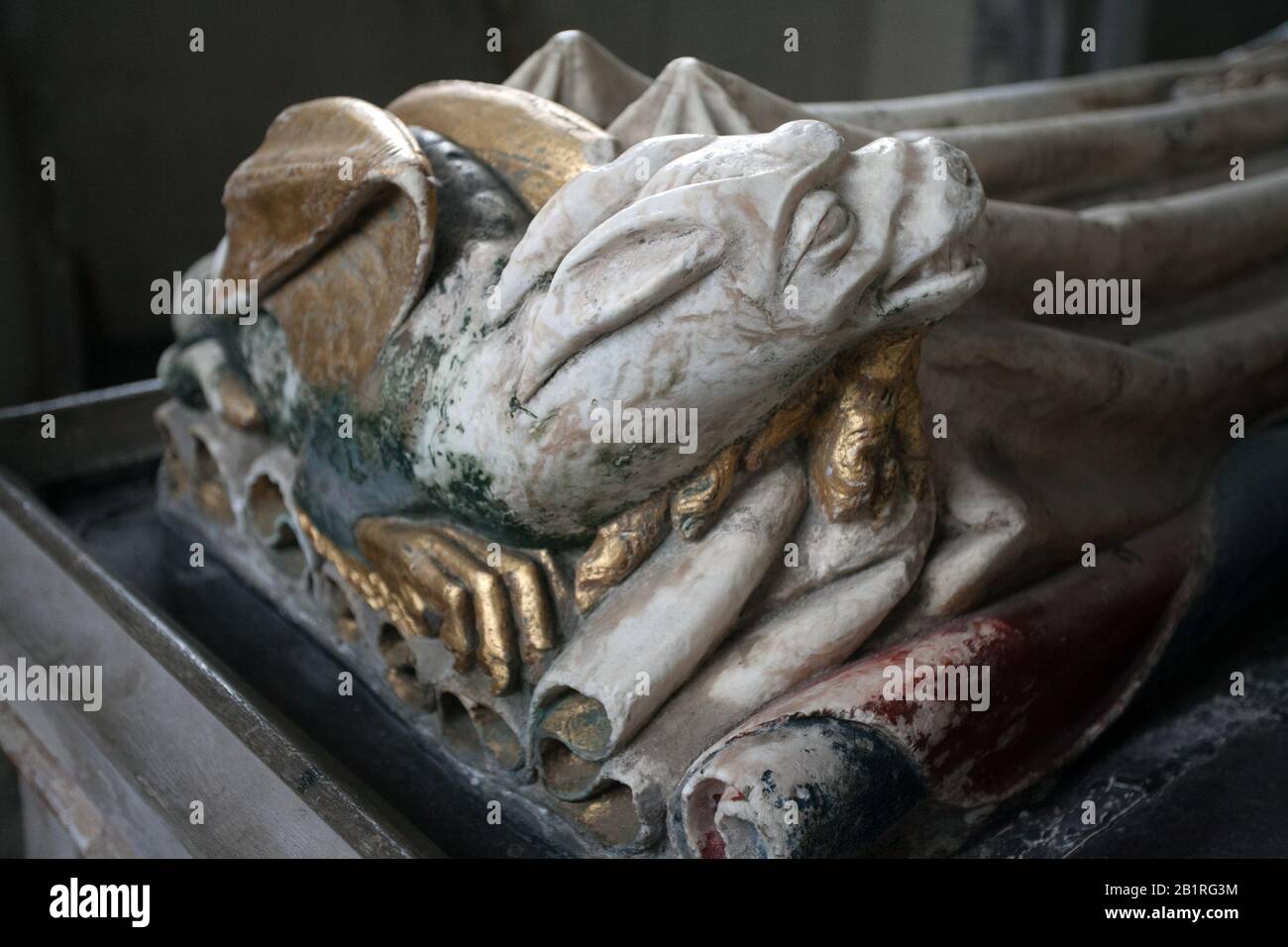 The Bardolph tomb, carved alabaster wyvern (eternity symbol) at the foot of Sir William's wife. St Mary's church, Dennington, Suffolk, UK Stock Photo