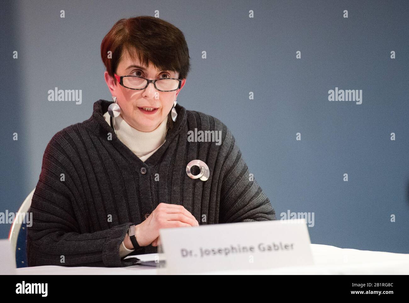 27 February 2020, Berlin: Josephine Gabler, director of the Käthe Kollwitz Museum, speaks at a press conference on the new location of the museum. The museum will move into the representative theatre building of Charlottenburg Palace in 2022. Photo: Christophe Gateau/dpa Stock Photo