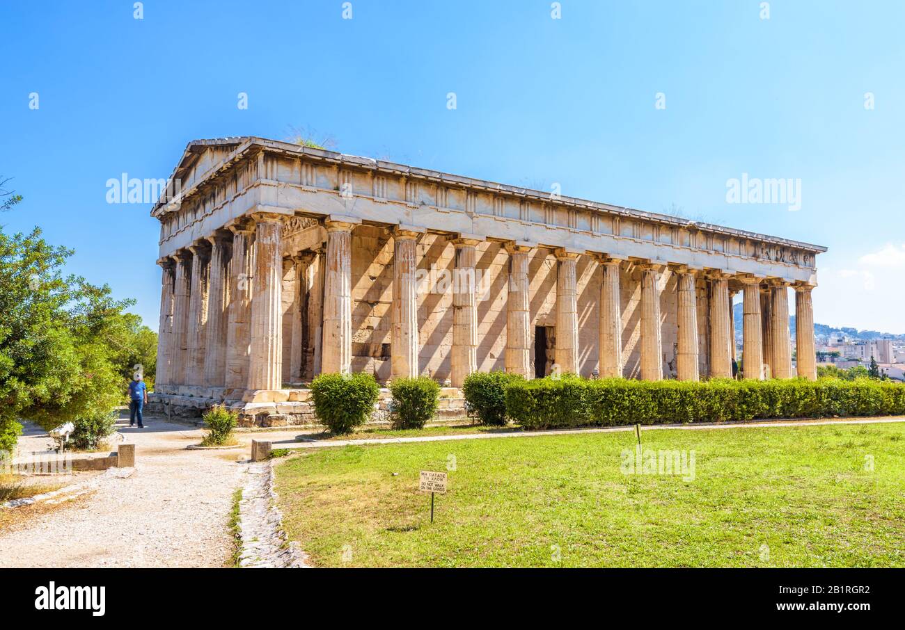 Temple of Hephaestus in Athens, Greece. It is an old famous landmark of Athens. Sunny view of Ancient Greek ruins in the Athens center. Panorama of th Stock Photo