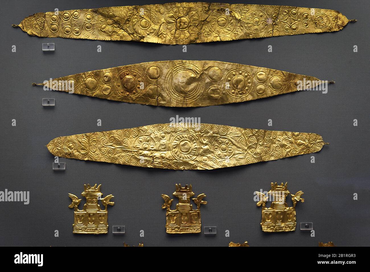 Athens - May 7, 2018: Jewellery from ancient Greek Mycenae, 16th century BC. Gold diadems and other precious objects in the National Archaeological Mu Stock Photo