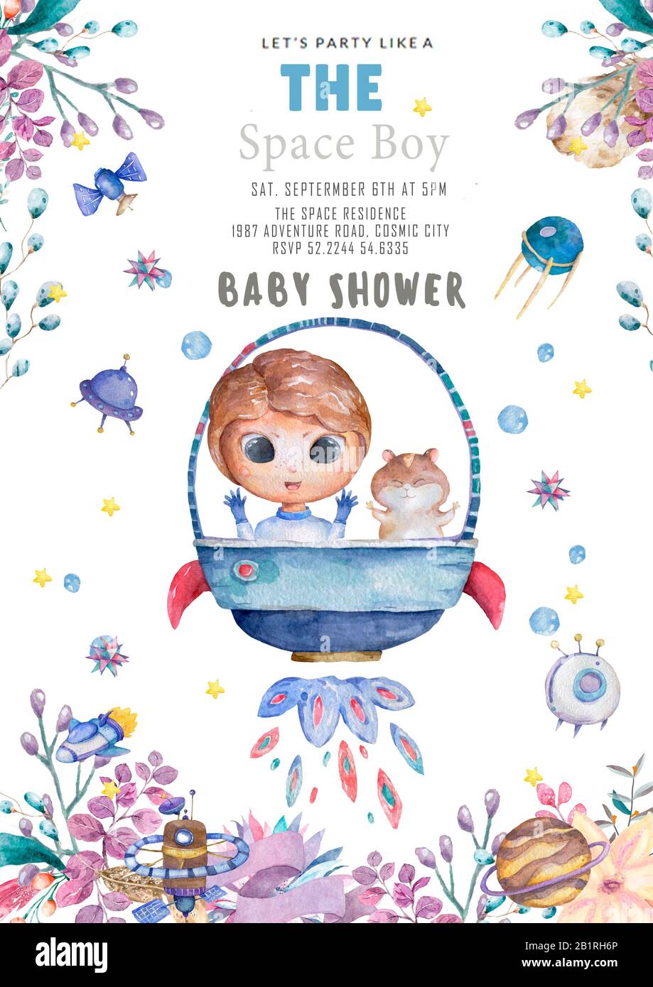 Baby Shower Greeting Card With Cartoon Cosmic Baby Boy And Floral Background Frame Hand Drawn Watercolor Illustration Isolated White Background Stock Photo Alamy