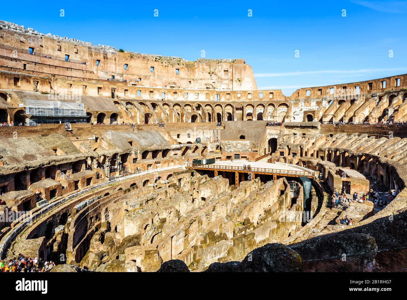 Colosseum inside, Rome, Italy. Famous Colosseum is a top landmark of Rome. Panorama of the Colosseum arena in summer. Remains of the Ancient Roman Emp Stock Photo