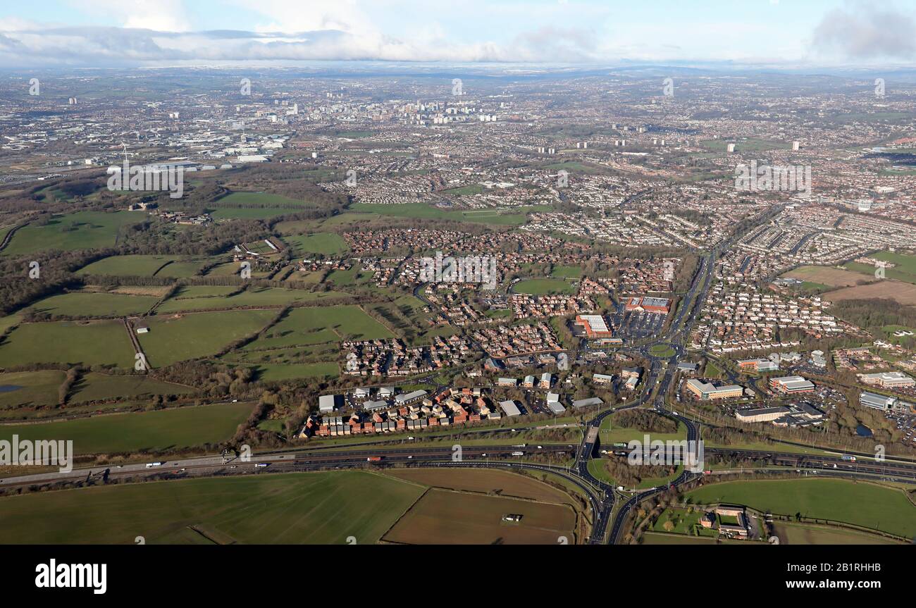 aerial view of Colton looking west from junction 46 of the M1 motorway towards Leeds city centre Stock Photo