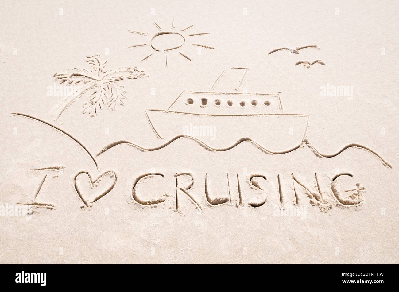 Drawing of a cruise ship sailing along sunny seas on smooth sand beach with I Love Cruising tropical holiday message Stock Photo