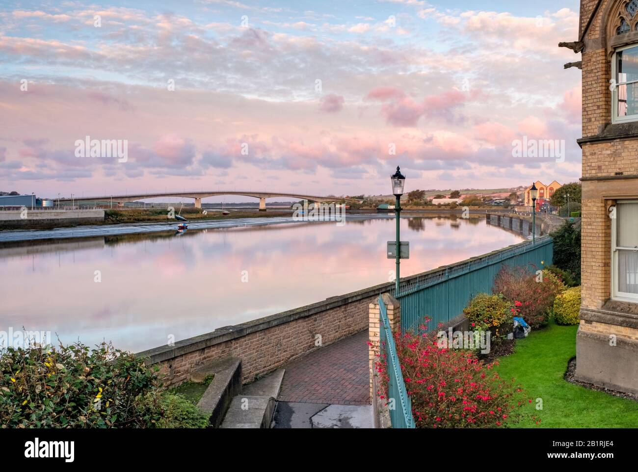 Views from the river banks of Barnstaple looking towards the Barnstaple Taw bridge, NorthDevon, South West, UK Stock Photo
