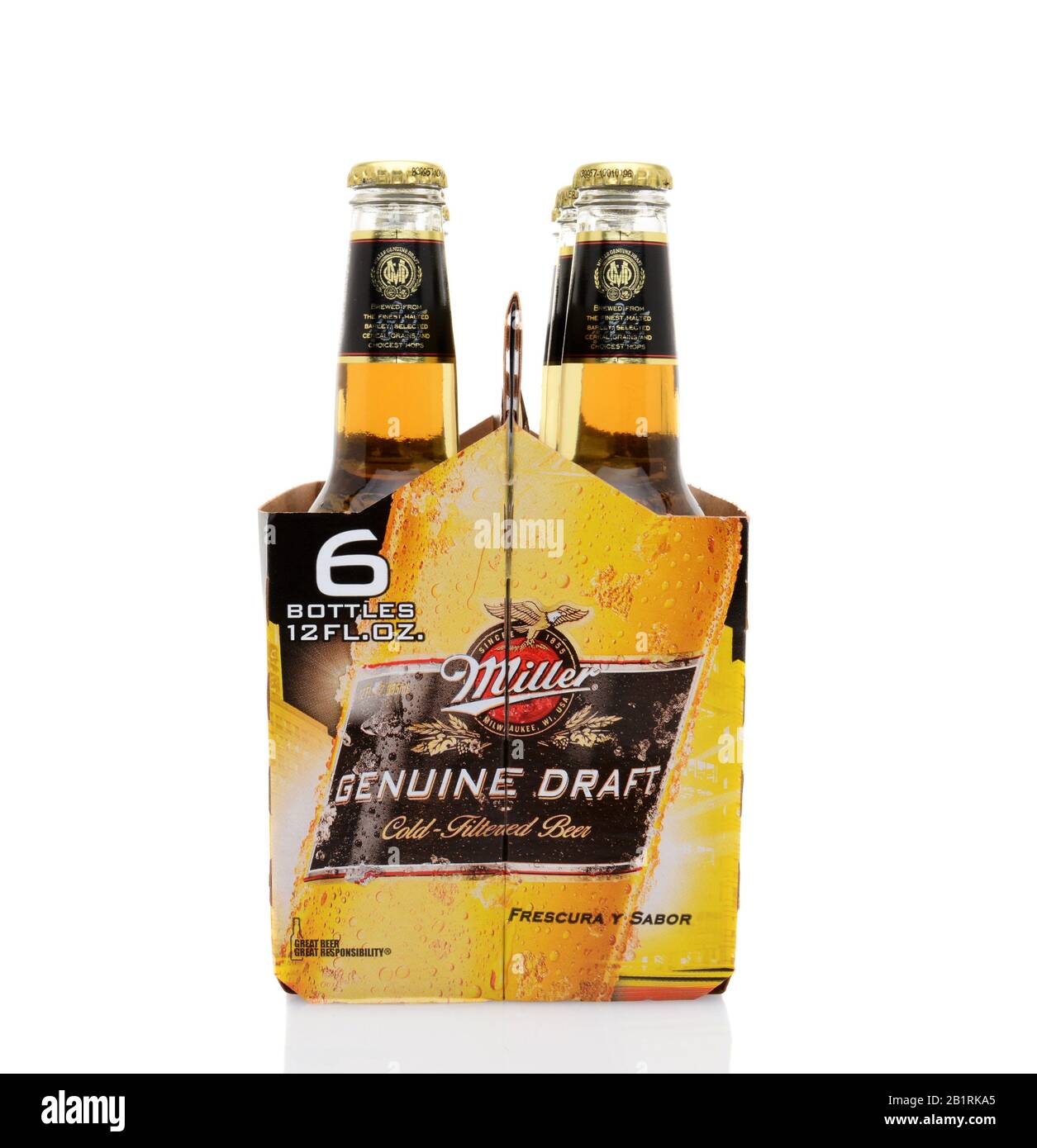 IRVINE, CA - MAY 25, 2014: A 6 pack of Miller Genuine Draft, end view.  MGD is actually made from the same recipe as Miller High Life except it is col Stock Photo