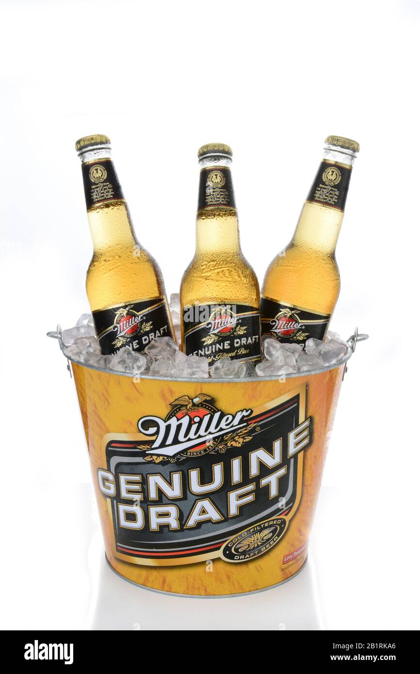 IRVINE, CA - JANUARY 15, 2015: A branded ice bucket of Miller Genuine Draft Beer. MGD is actually made from the same recipe as Miller High Life with t Stock Photo