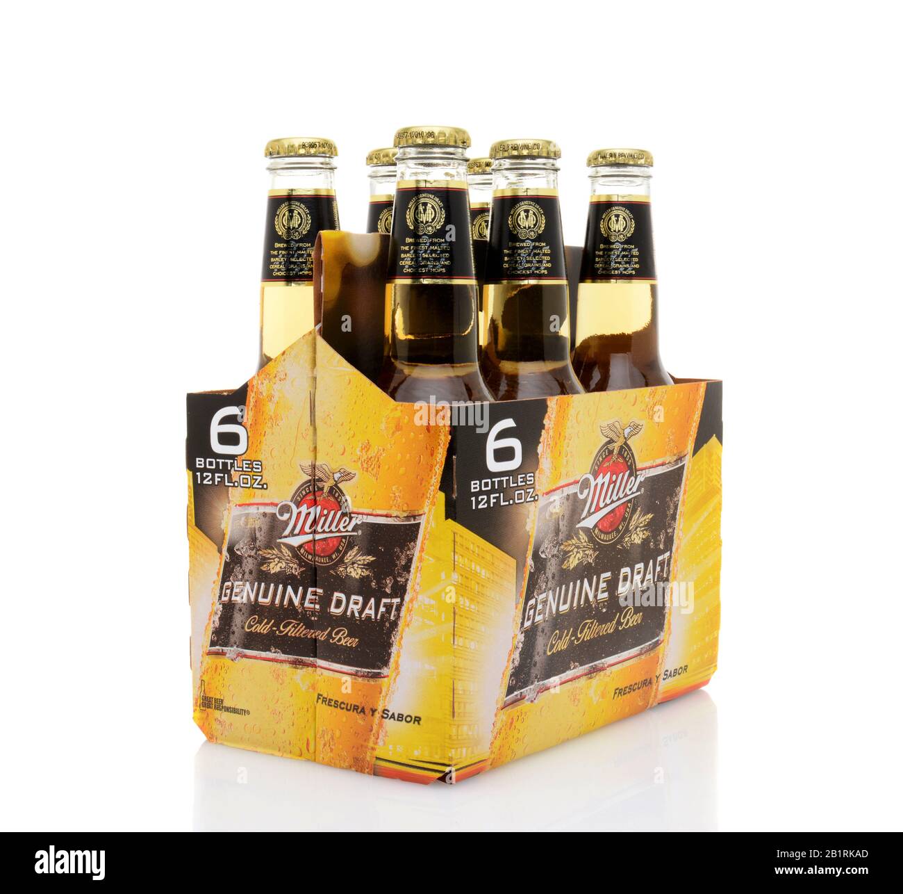 IRVINE, CA - MAY 25, 2014: A 6 pack of Miller Genuine Draft, side view. MGD is actually made from the same recipe as Miller High Life except it is col Stock Photo