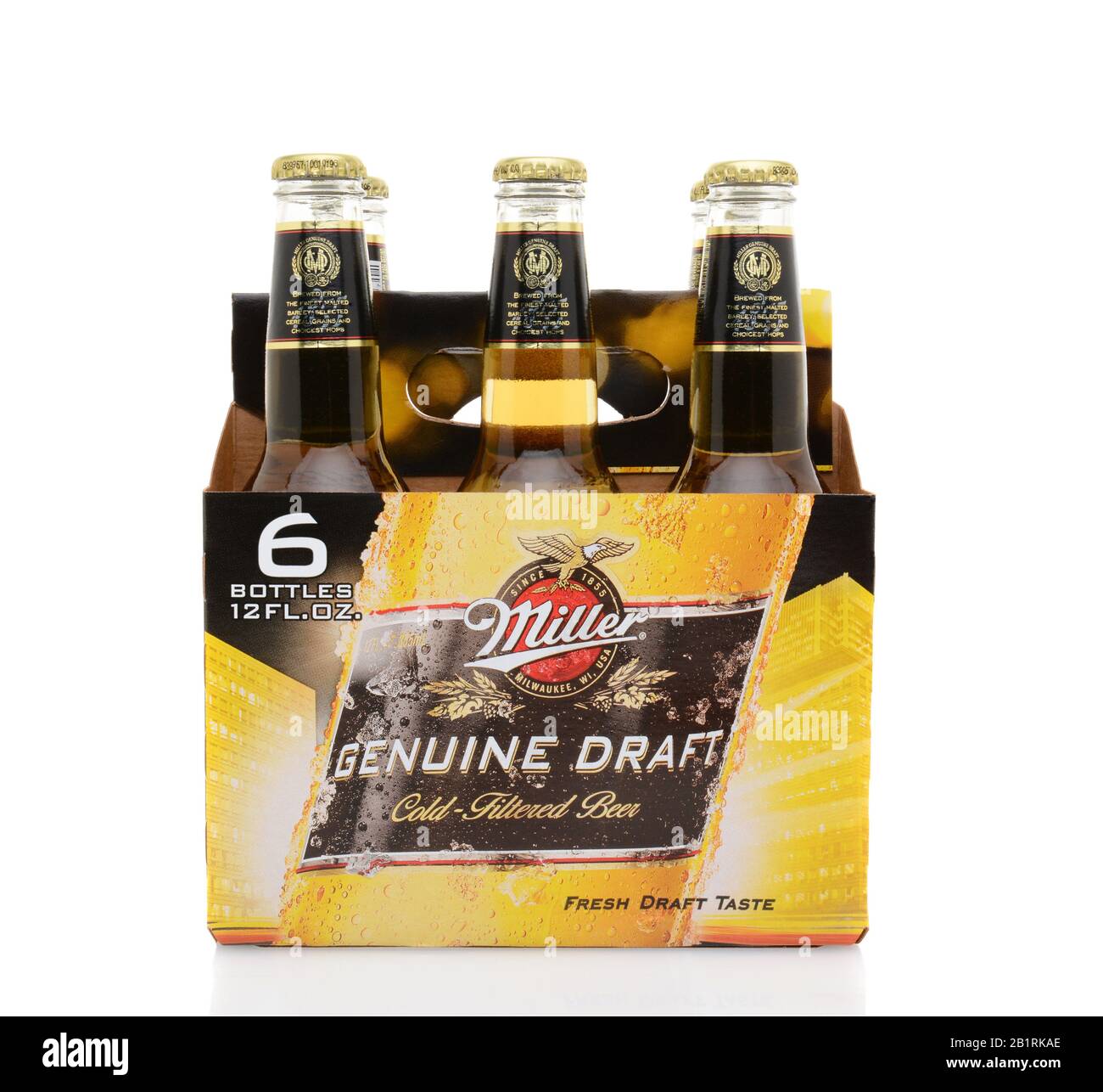 IRVINE, CA - MAY 25, 2014: A 6 pack of Miller Genuine Draft, side view.  MGD is actually made from the same recipe as Miller High Life except it is co Stock Photo