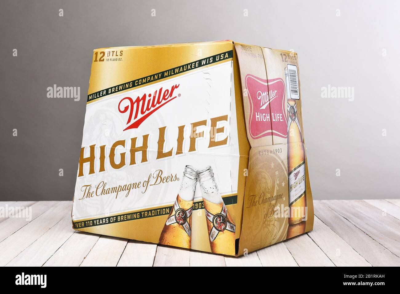 IRVINE, CALIFORNIA - December 4, 2015: Miller High Life 12 pack bottles. High Life, a pilsner style beer, is Millers oldest brand entering the market Stock Photo