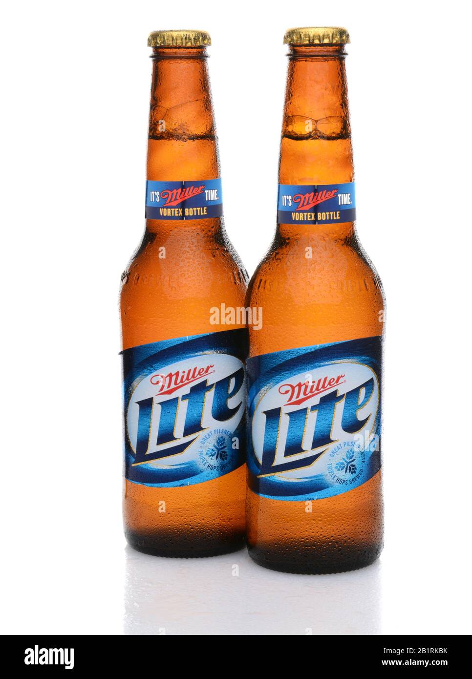 IRVINE, CA - MAY 27, 2014: Two bottles of Miller Light with condensation. Introduced in 1975 Miller Lite was one of the first Reduced Calorie beers to Stock Photo