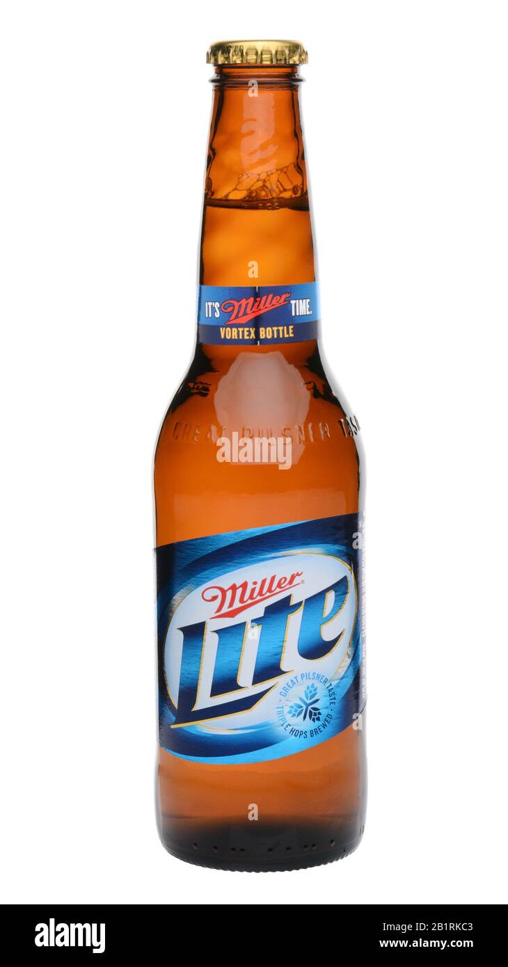 IRVINE, CA - MAY 27, 2014: a single bottle of Miller Light on white. Introduced in 1975 Miller Lite was one of the first Reduced Calorie beers to be s Stock Photo