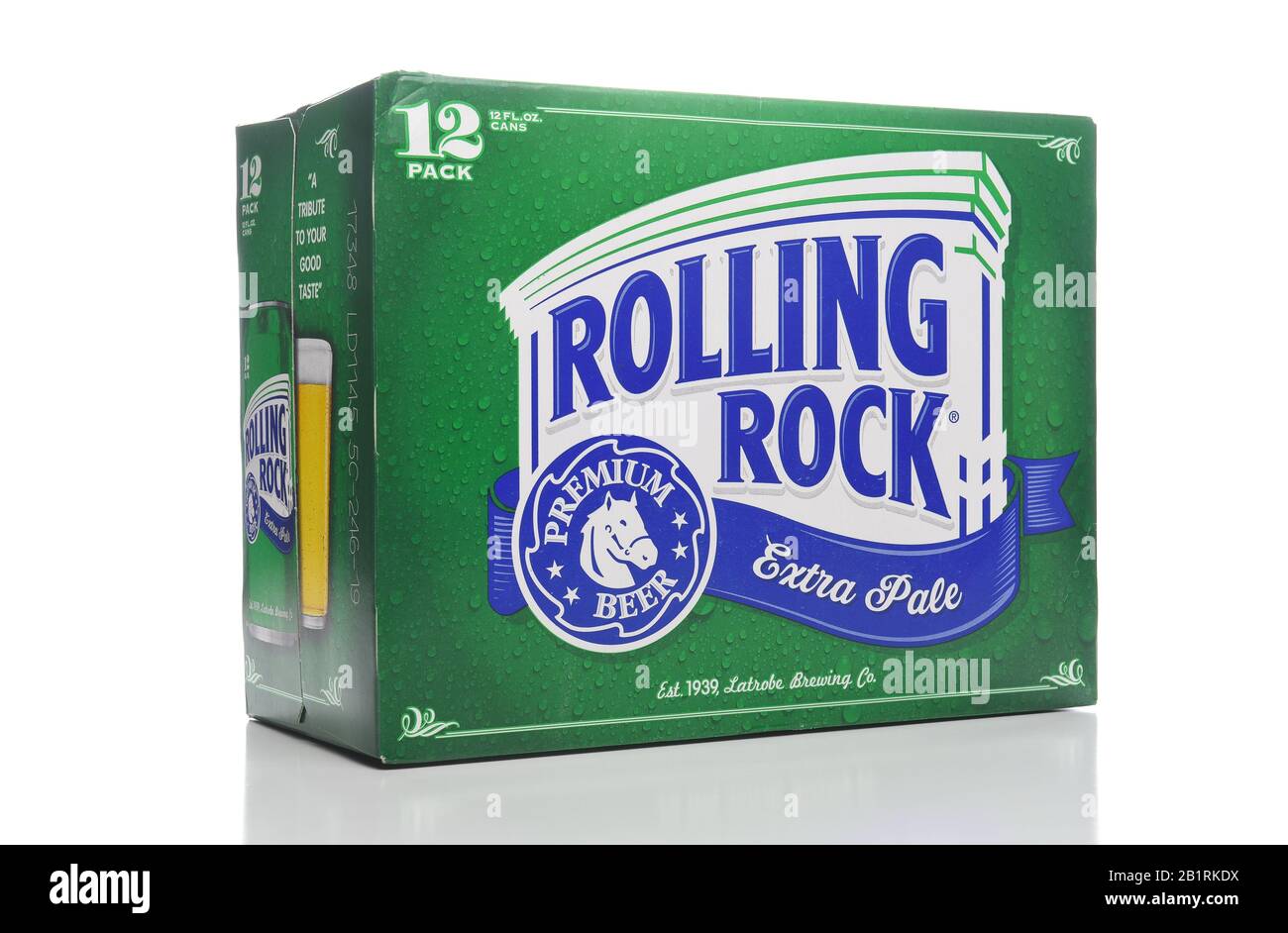 IRVINE, CALIFORNIA, FEBRUARY 7, 2018: Rolling Rock Extra Pale 12 pack cans. Founded in 1939 in Latrobe, Pennsylvania. Stock Photo