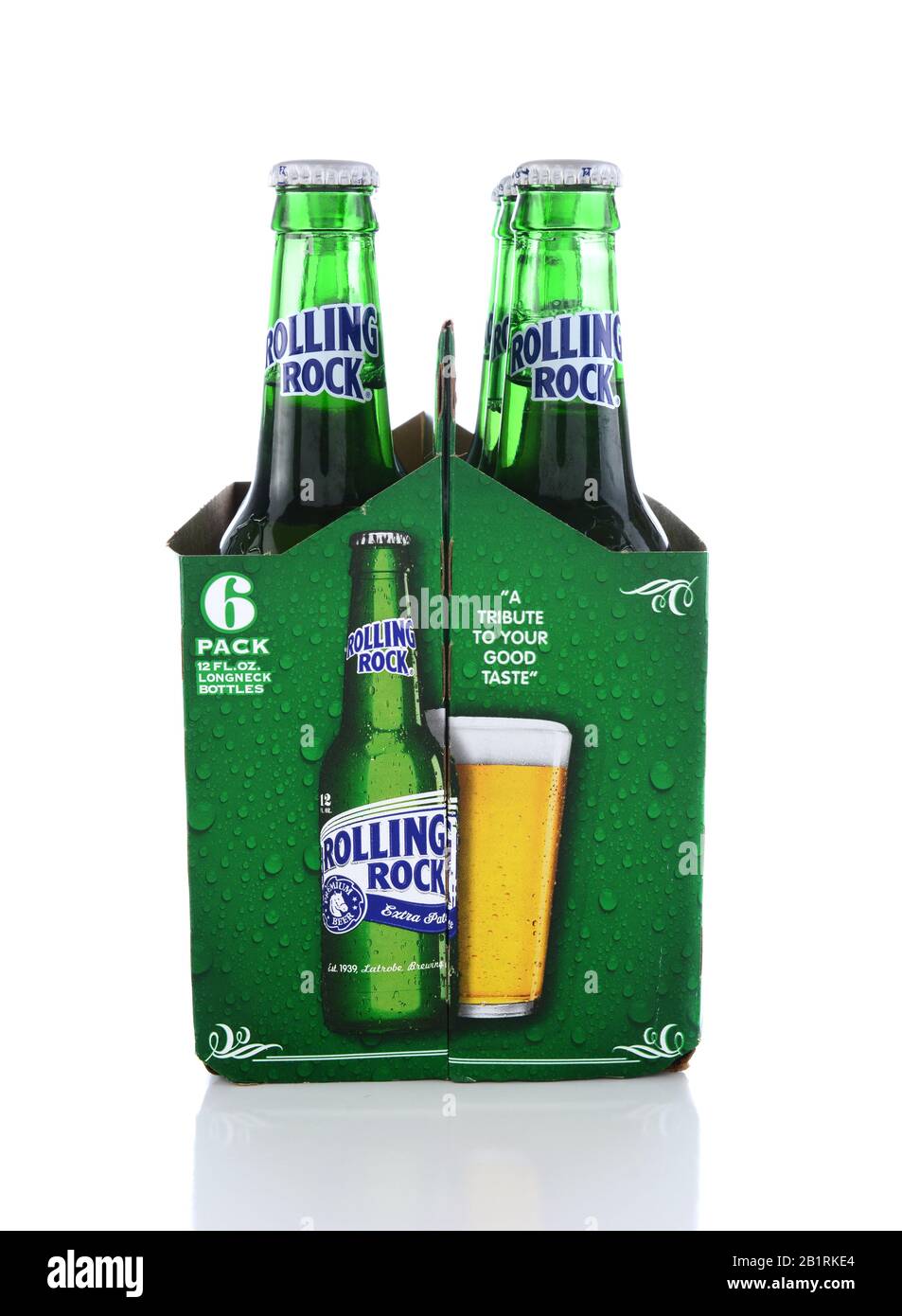 IRVINE, CA - JUNE 14, 2015: Rolling Rock Extra Pale Beer. End view of a six pack of the American beer founded in 1939 in Latrobe, Pennsylvania, by the Stock Photo