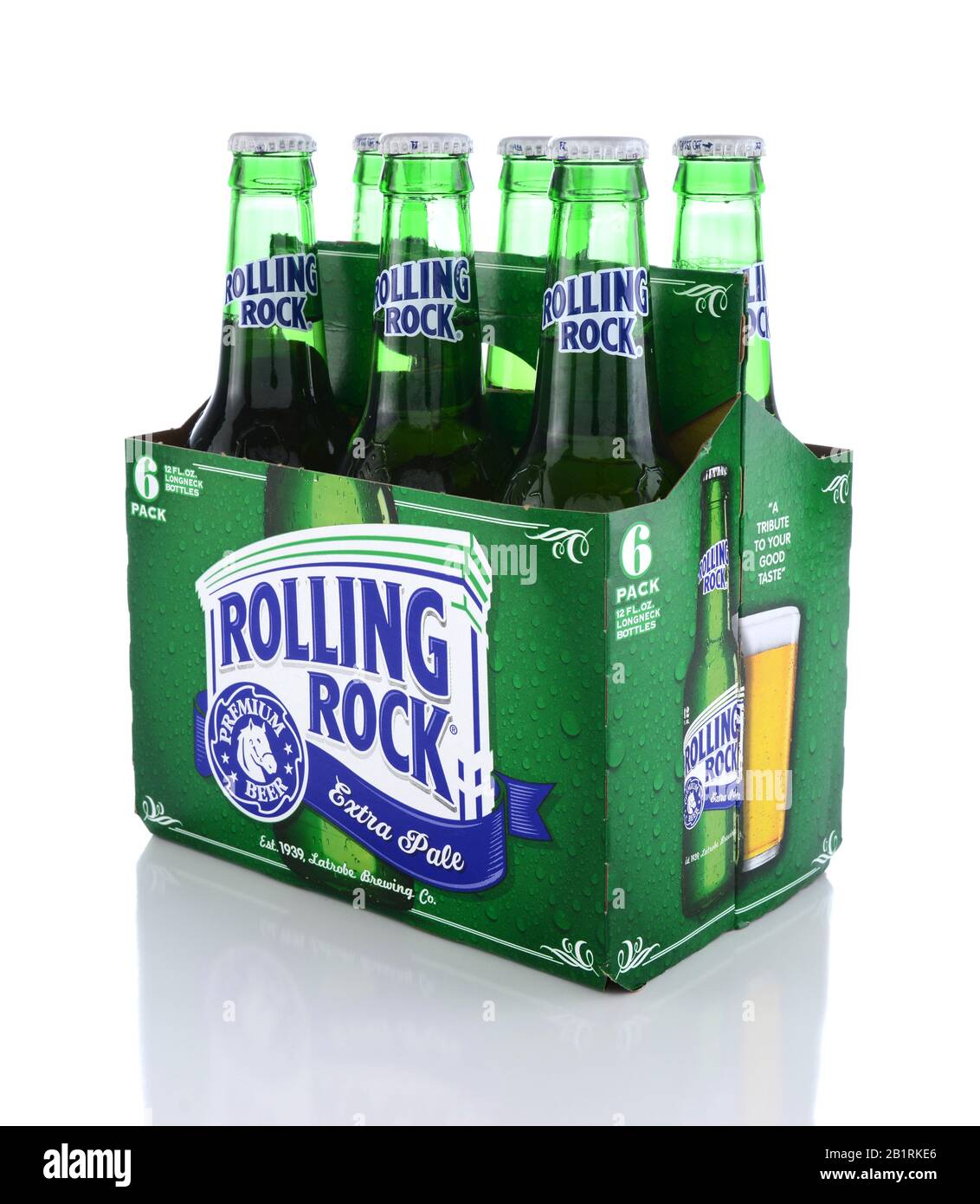 IRVINE, CA - JUNE 14, 2015: Rolling Rock Extra Pale Beer. Three quarters view of a six pack of the American beer founded in 1939 in Latrobe, Pennsylva Stock Photo