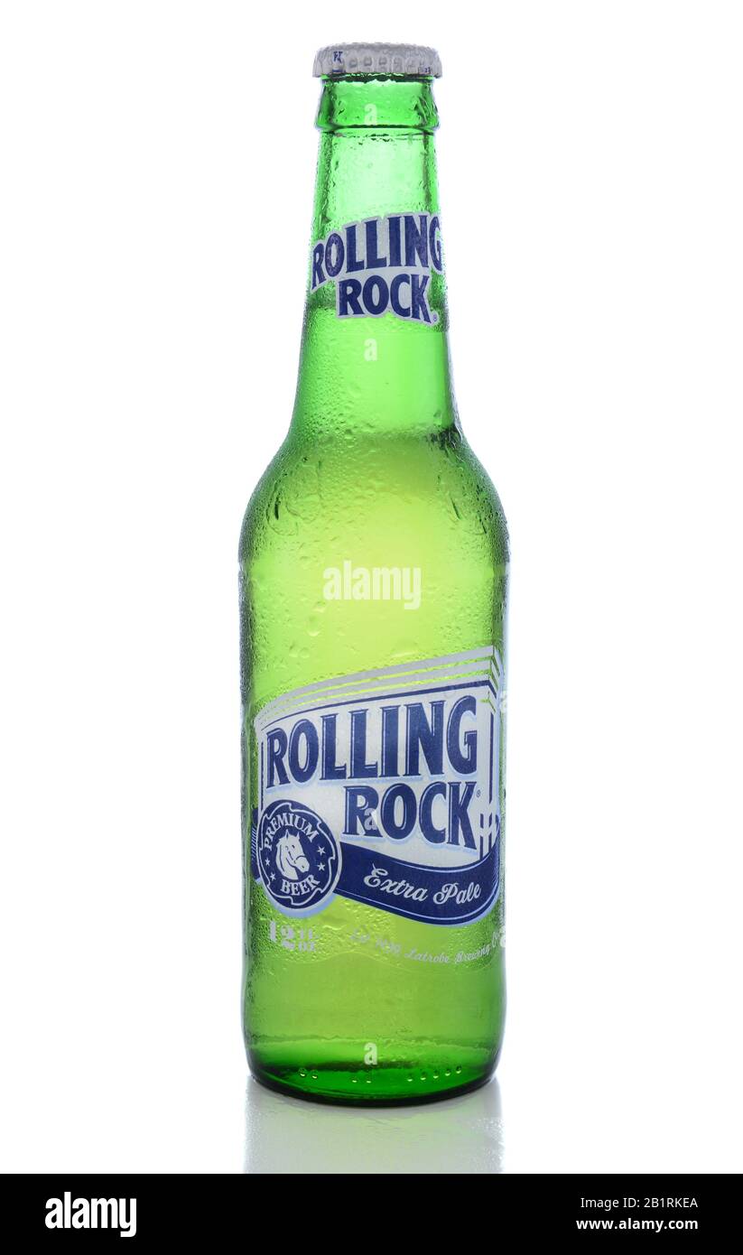 IRVINE, CA - JUNE 14, 2015: Rolling Rock Extra Pale Beer. A single bottle of the American beer founded in 1939 in Latrobe, Pennsylvania, by the Latrob Stock Photo