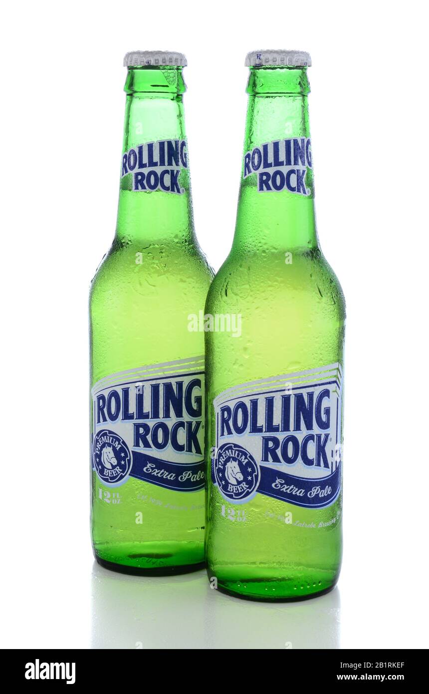 IRVINE, CA - JUNE 14, 2015: Rolling Rock Extra Pale Beer. Two bottles of the American beer founded in 1939 in Latrobe, Pennsylvania, by the Latrobe Br Stock Photo