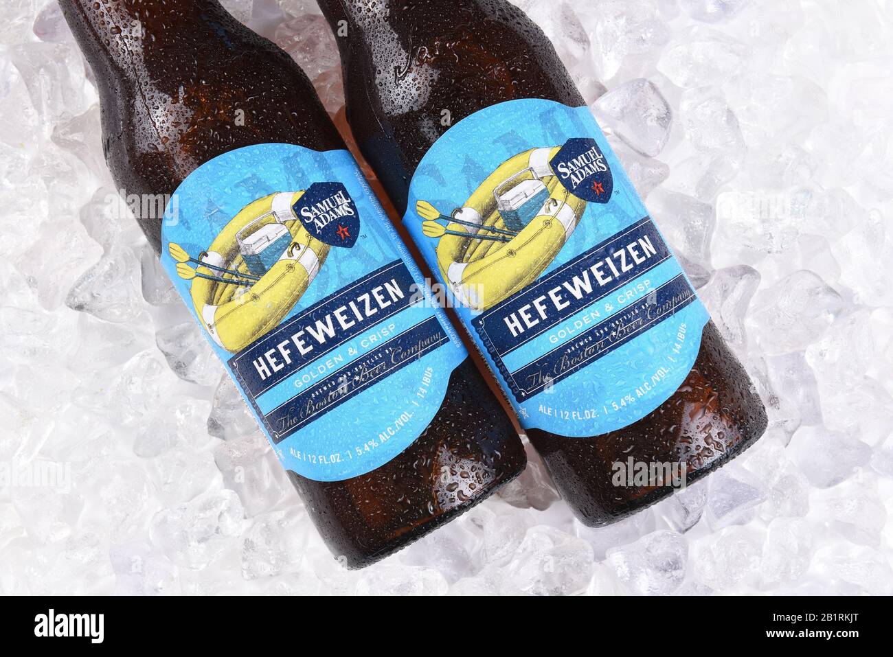 IRVINE, CA - JULY 16, 2017: Samuel Adams Hefeweizen bottle on ice. From the Boston Beer Company. Based on sales in 2016, it is the second largest craf Stock Photo