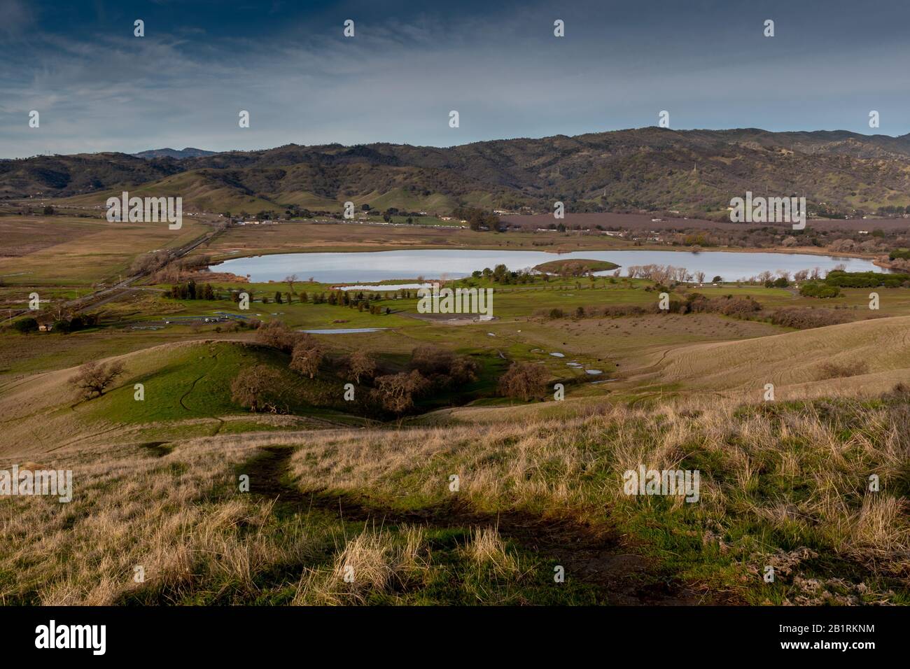 The Lagoon Valley Park in Vacaville, California, USA, viewed from a hill, including the highway I-80 and a lake Stock Photo
